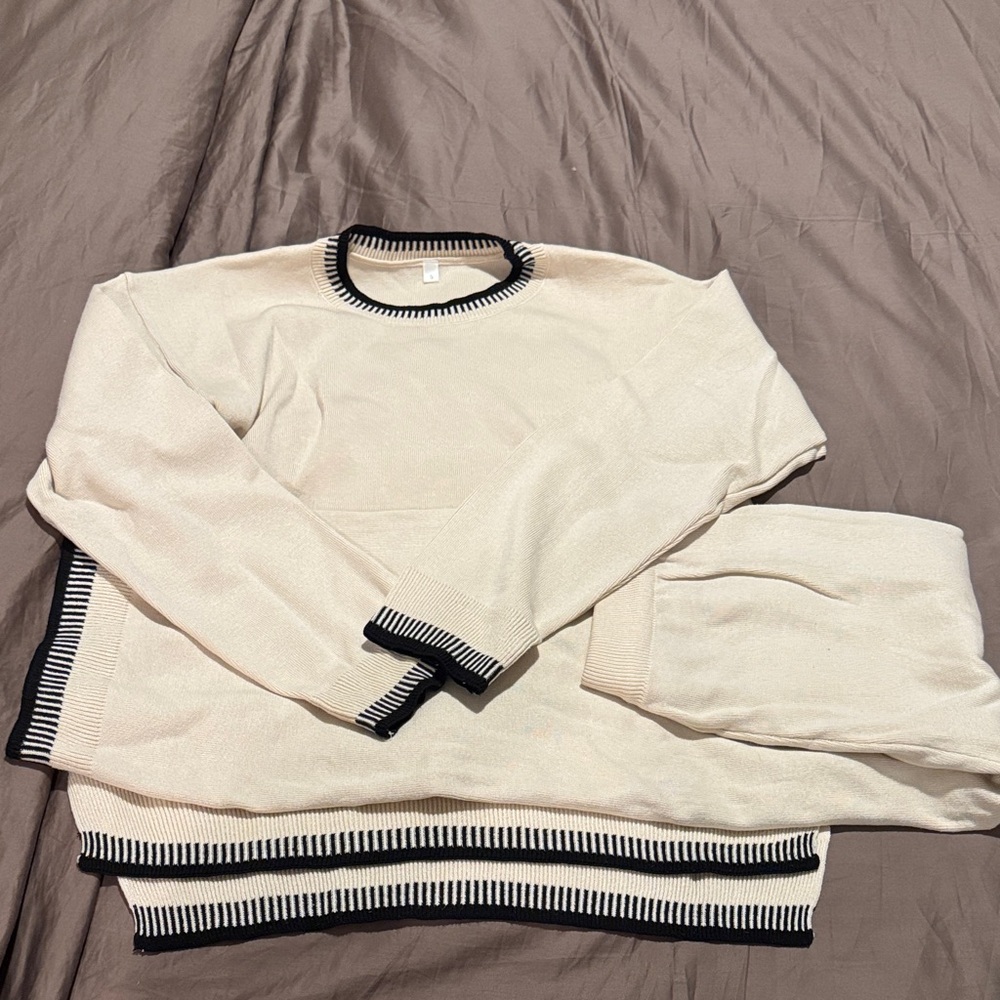 Amazon Women's Cream Crewneck and Pants with Black Trim